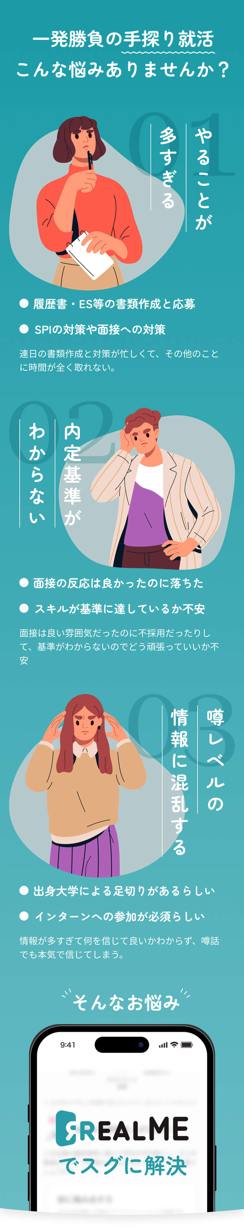 一発勝負の手探り就活 こんな悩みありませんか？ やることが多すぎる・内定基準がわからない・噂レベルの情報に混乱する そんなお悩み REALMEでスグに解決